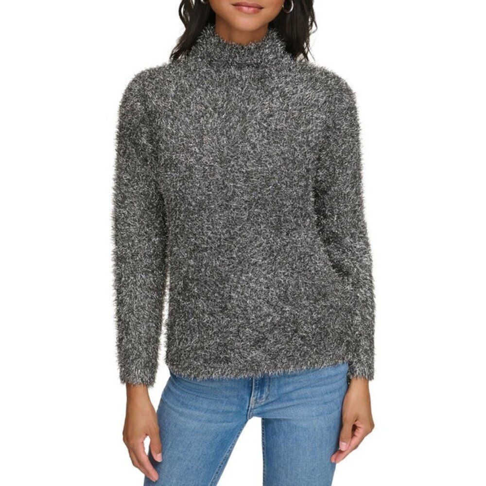 NWT Calvin Klein Metallic-Eyelash Mock-Neck Sweater in Gunmetal Sz. 1X